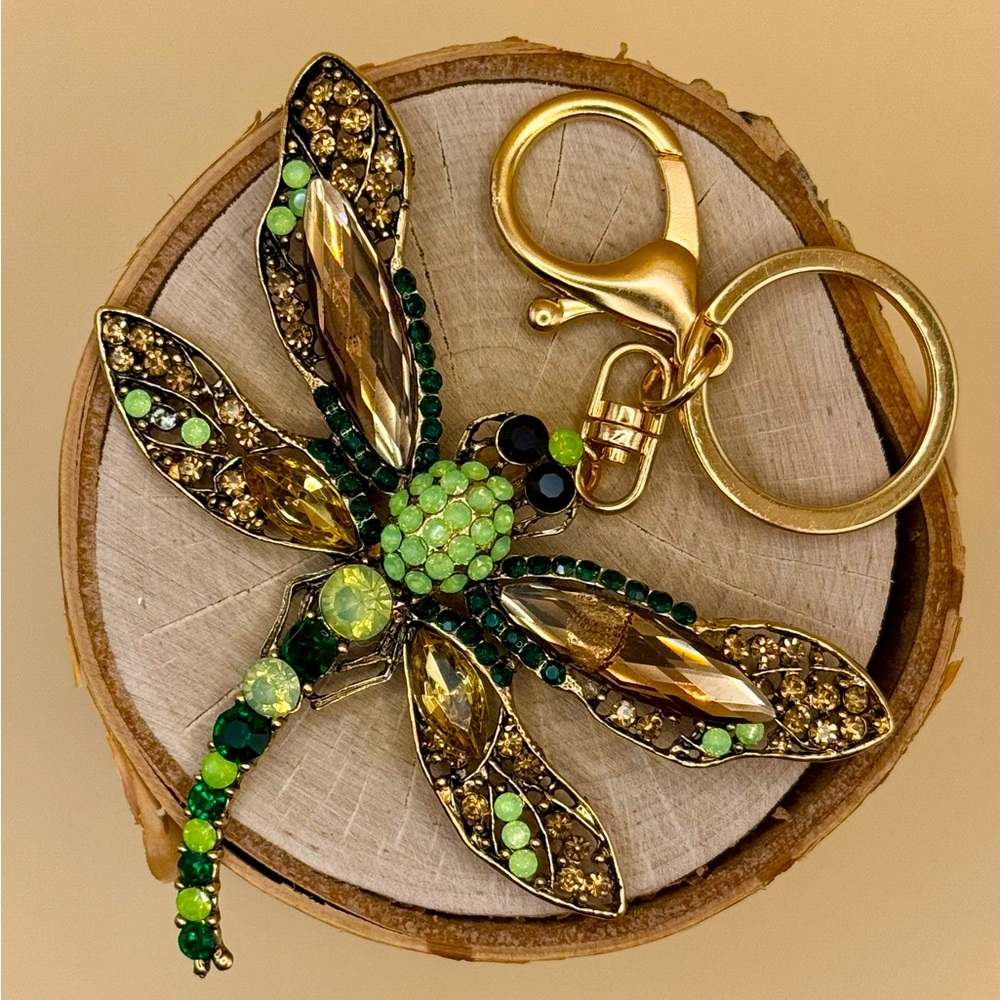 Dragonfly Keychain Purse Charm Mint Green and Gold Crystals Gold Tone